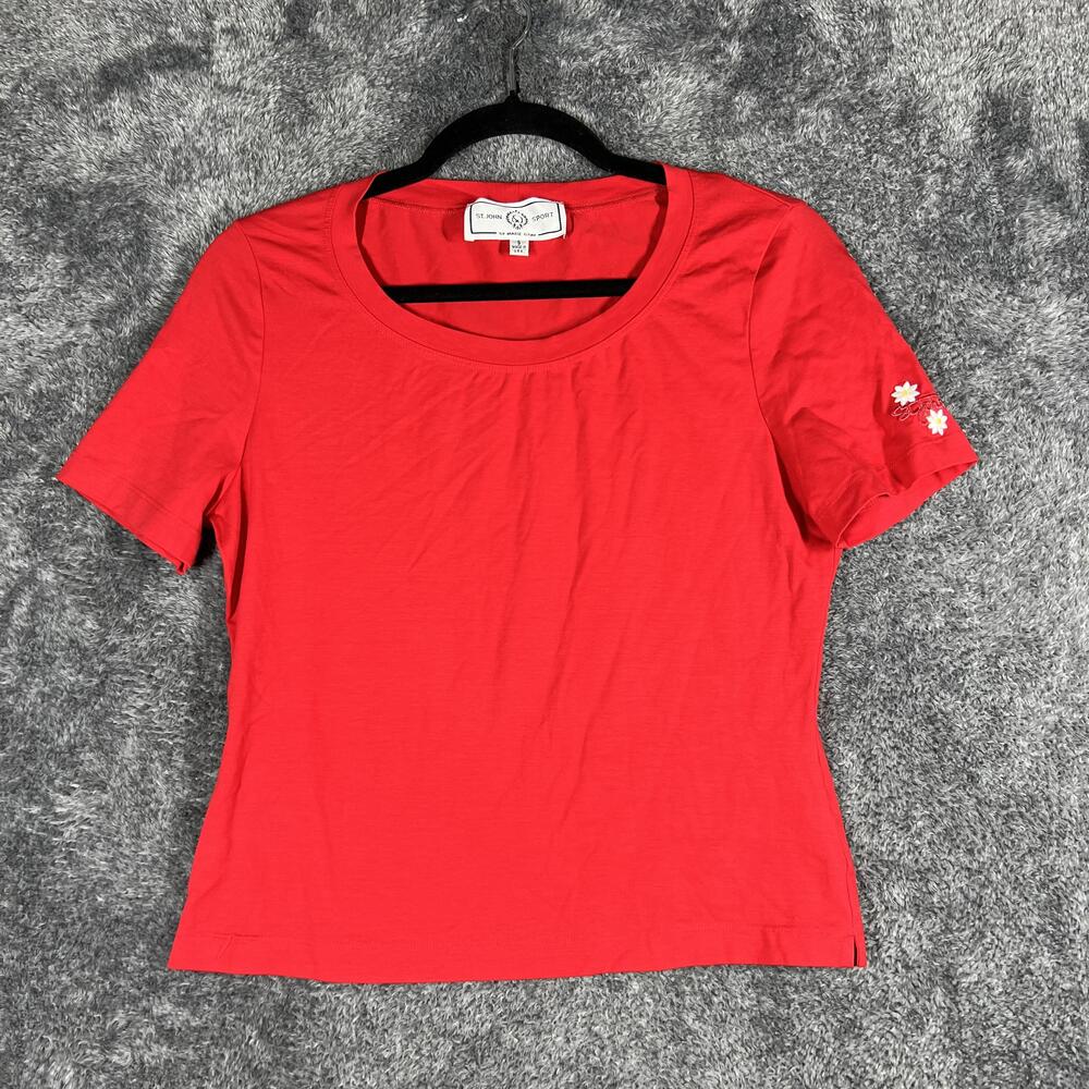 St. John Sport Shirt Womens S Red Cotton Jersey Crew Neck Embroidered Daisy
